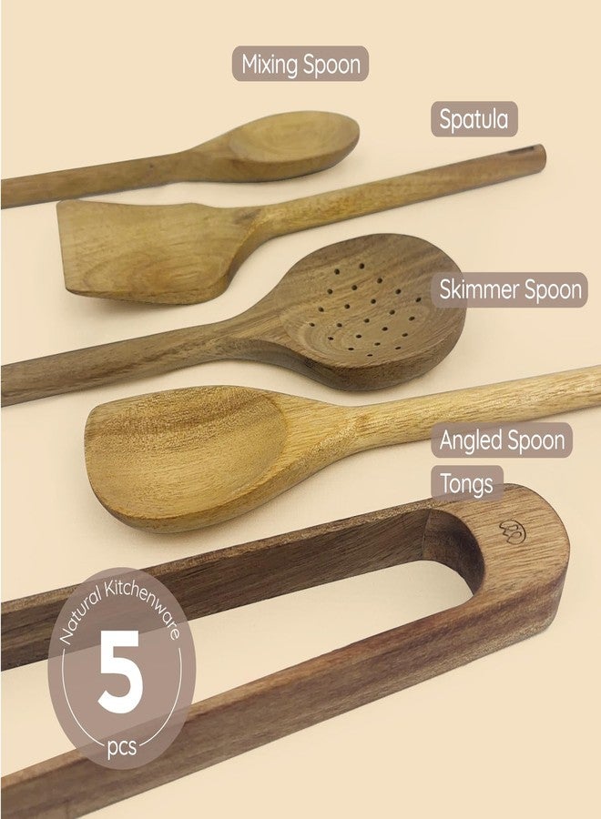 Mitus Non-Toxic Wooden Cooking Utensils - 5 Pcs Natural Acacia Hardwood Set for Nonstick Pans & Cookware - Kitchen Gift Set (Wooden Spoons, Skimmer, Tongs, Spatula) - Image 4