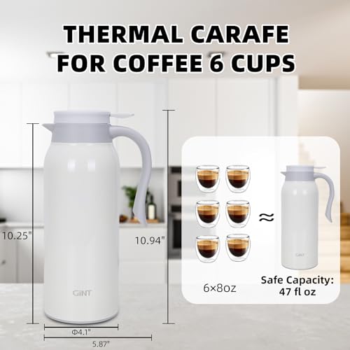 GiNT 51 Oz Stainless Steel Thermal Coffee Carafe, Double Walled Vacuum Insulated Flask, 12 Hour Heat Retention, 1.5 Liter Tea, Water, and Coffee Dispenser (Upgraded version White) - Image 2