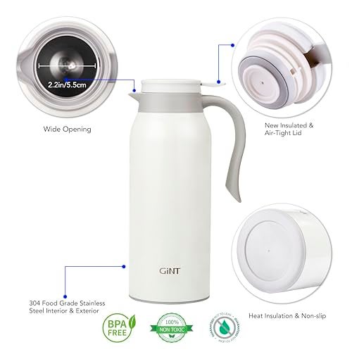 GiNT 51 Oz Stainless Steel Thermal Coffee Carafe, Double Walled Vacuum Insulated Flask, 12 Hour Heat Retention, 1.5 Liter Tea, Water, and Coffee Dispenser (Upgraded version White) - Image 3