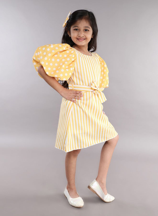 PinkChick Yellow Polka Dot Striped Puff Sleeve A-Line Dress for Girls - Image 3