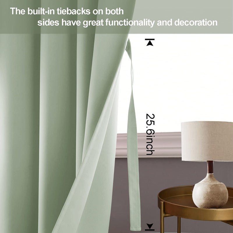 JIUZHEN Light Green Blackout Curtains with Tiebacks Thermal Insulated  Light Blocking and Noise Reducing Grommet Curtains for and Living Room  Set of 2 Window Curtain Panels  42 x 72 Inch Length - Image 3