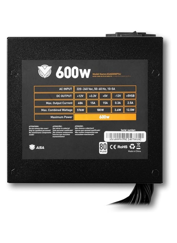 ASA - Power Systems Supply for PC, 600W High-End Power Supply Unit Low-Noise, Sleeved Cables, ATX, 80 Plus White, Certification with High Efficiency - Image 1