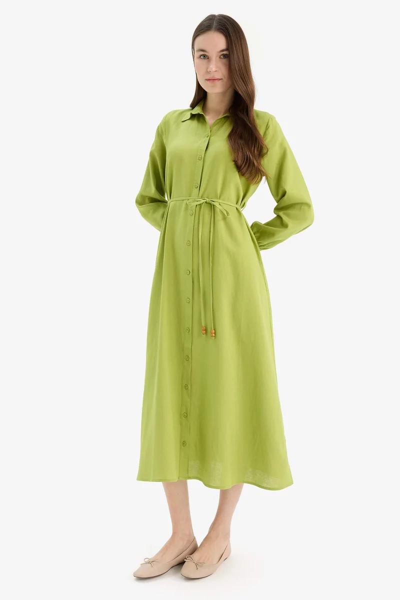 ديفاكتو Shirt Collar Linen Blend Long Sleeve Dress
