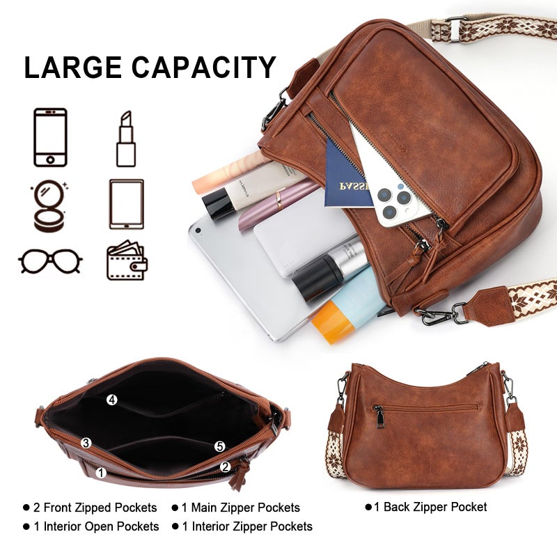 VIMUTI Crossbody Purses for Women Trendy Leather Crossbody Bag,Multi Pocket Shoulder Handbag Lightweight Travel Purse (02-Brown) - Image 3
