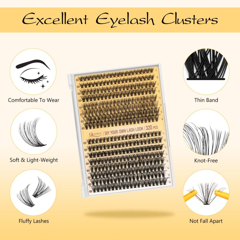 QUEWEL DIY Lash Extension Kit, 320 Pcs Lash Clusters Kit 30D+40D Individual Lashes 9-16mm Eyelash Extension Kit with Lash Bond and Seal Lash Glue Remover Lash Tweezers (30D+40D Kit) - Image 3