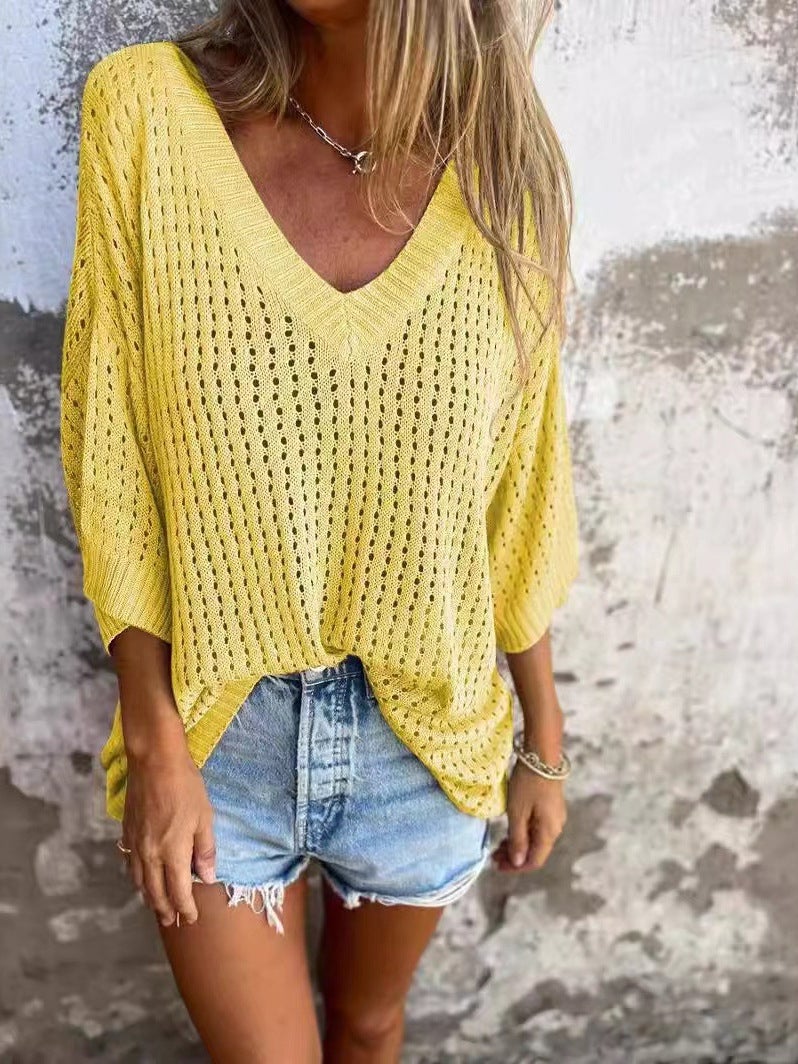 New Hollow-Out T-Shirt Women'S Loose Long-Sleeved Knitted Chinese Fir Lazy Style Design V-Neck Slim Sweater - Image 4