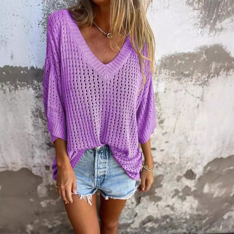 New Hollow-Out T-Shirt Women'S Loose Long-Sleeved Knitted Chinese Fir Lazy Style Design V-Neck Slim Sweater - Image 1