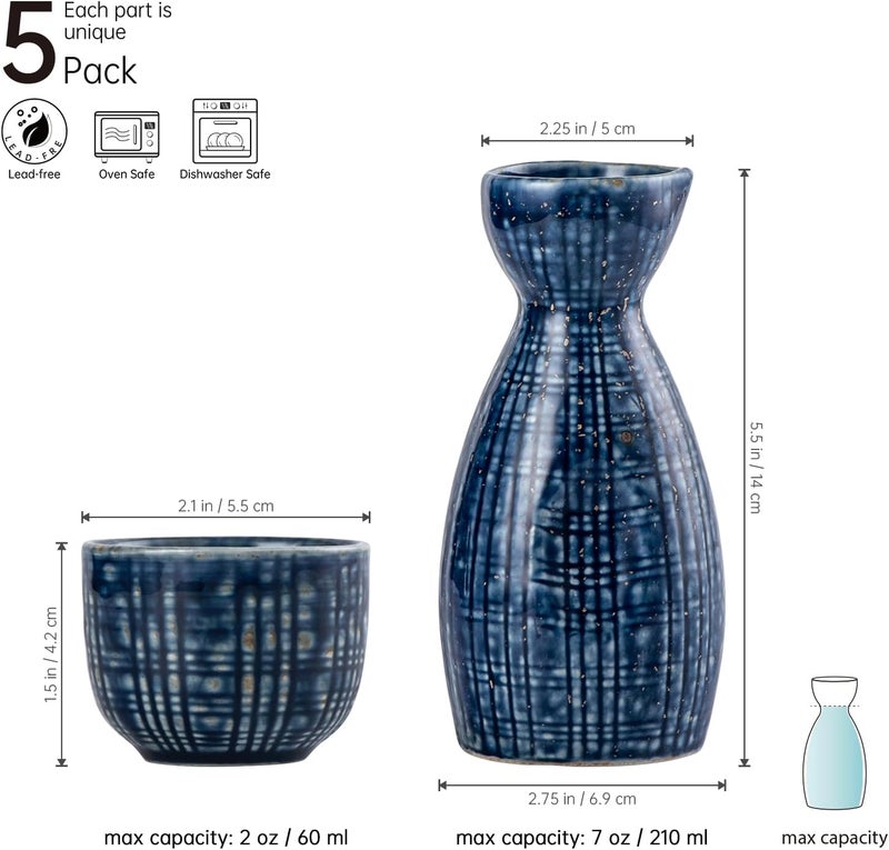 UNICASA Sake Set 5 Pieces,Traditional Sake Cups, Ceramic Cup Crafts Wine Glasses, Include One Sake Bottle 210ml and Four Sake Cups 50ml - Image 2