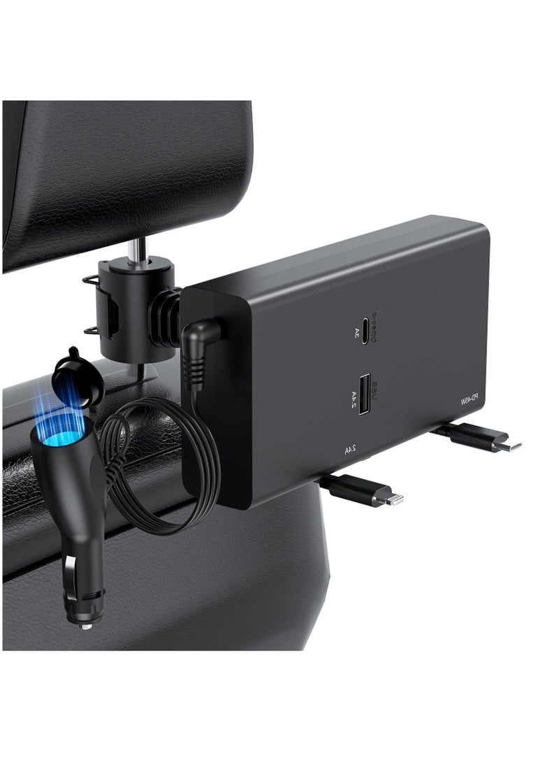Multi Car Retractable Backseat Car Charger 5 in 1 Car Charging Station Box for Notebook/iPhone/Samsung,60W Cigarette Lighter Adapter with 1M Cable Share Ride Customer Charging Dock Attach to Headrest  - Image 1
