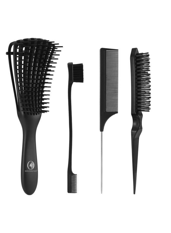 O BRUSHZOO BRUSHZOO Hair Styling Set: Detangling Brushes for Curly Hair with Teasing Brush, Rat Tail Comb, and Edge Brush for Women, Men, and Kids (Black) - Image 1