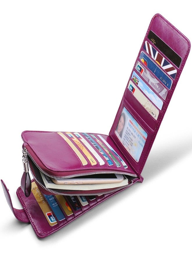 Huztencor Wallet for Women RFID Blocking Leather Credit Card Holder Card Wallet Card Cases Slim Multi Card Organizer Protector Long Wallet Purse Clutch with ID Window Oil Wax Leather Purple - Image 3