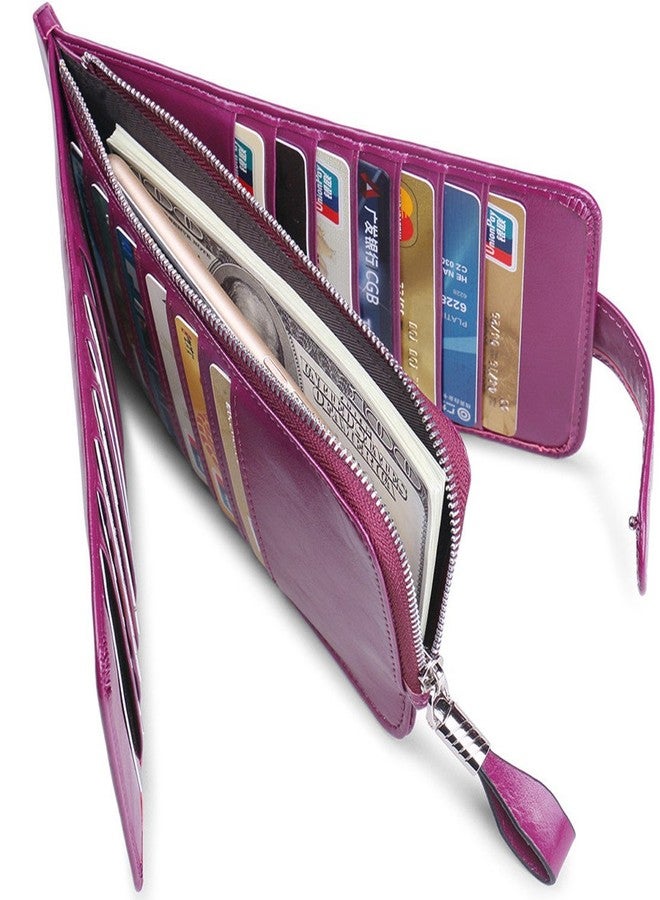 Huztencor Wallet for Women RFID Blocking Leather Credit Card Holder Card Wallet Card Cases Slim Multi Card Organizer Protector Long Wallet Purse Clutch with ID Window Oil Wax Leather Purple - Image 5