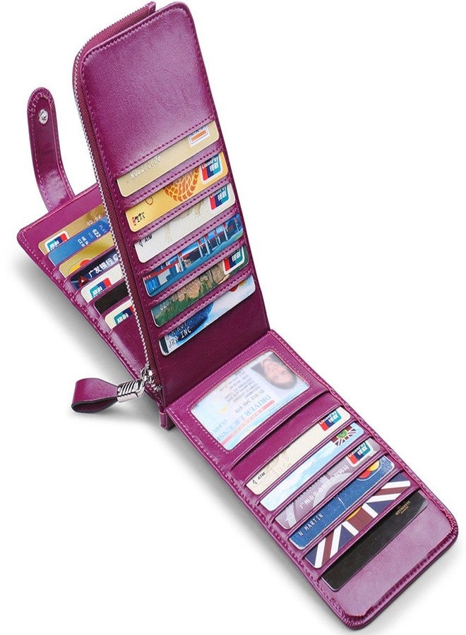 Huztencor Wallet for Women RFID Blocking Leather Credit Card Holder Card Wallet Card Cases Slim Multi Card Organizer Protector Long Wallet Purse Clutch with ID Window Oil Wax Leather Purple - Image 2