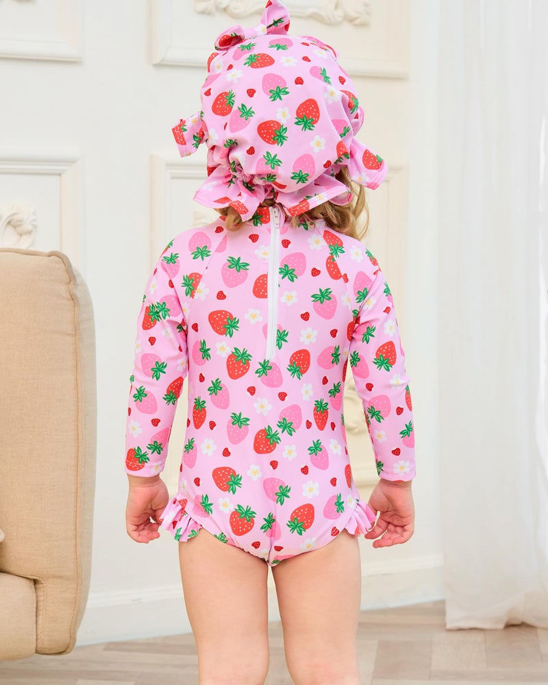 SODLON Toddler Swimsuit Girl 18-24 Month Swimsuit Girl 2t Swimsuit Ruffle Pink Strawberry One-Piece Rash Guard Sun Hat Long Sleeve Baby Bathing Suit Set Beach Swimwear - Image 3
