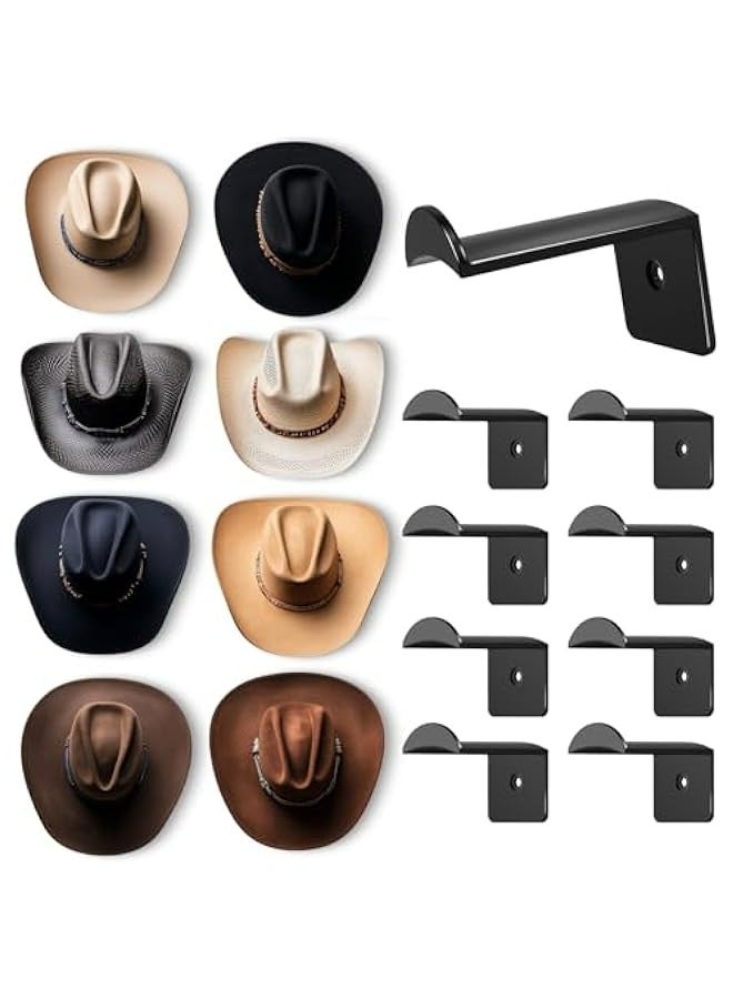 8 Pack Black Cowboy Hat Rack for Wall - Strong Adhesive Organizer Baseball Caps Western Room Decor - Image 1