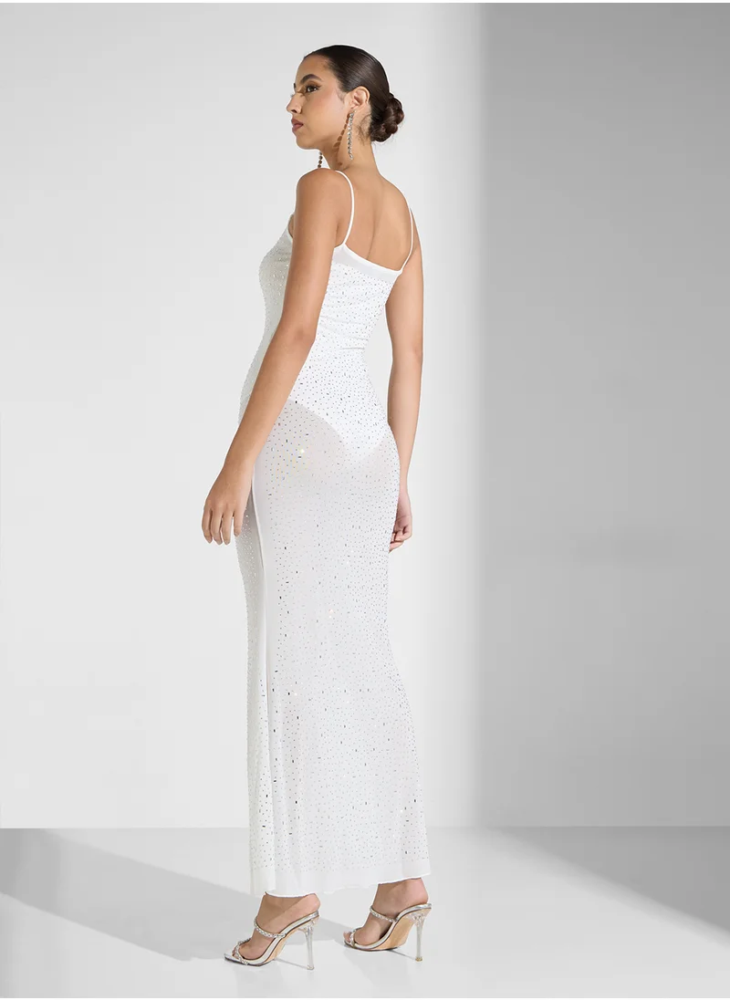 جينجر Embellished Square Neck Evening Dress In Ivory