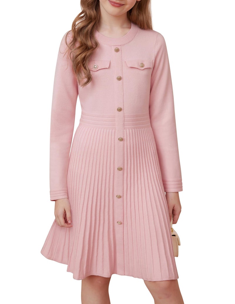 GRACE KARIN Girls Sweater Fall Dress Long Sleeve Knit Pleated A-Line Casual Winter Pink Formal Kids Tween Midi Dresses Size 10-12 - Image 1