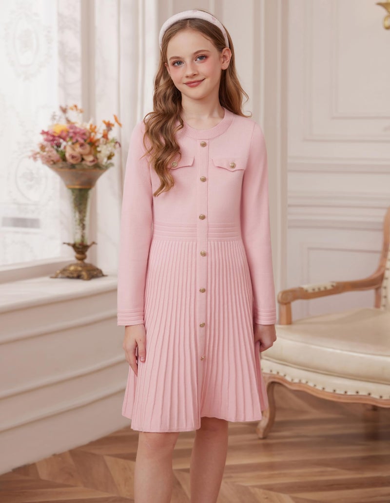 GRACE KARIN Girls Sweater Fall Dress Long Sleeve Knit Pleated A-Line Casual Winter Pink Formal Kids Tween Midi Dresses Size 10-12 - Image 5
