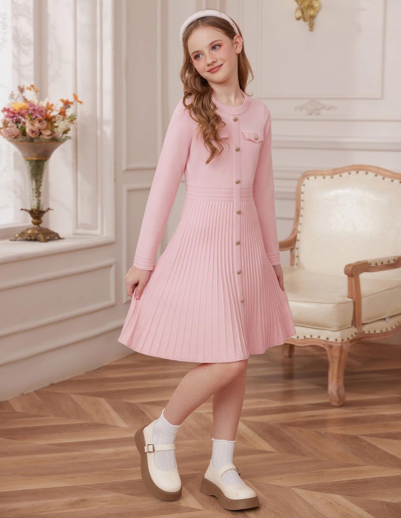 GRACE KARIN Girls Sweater Fall Dress Long Sleeve Knit Pleated A-Line Casual Winter Pink Formal Kids Tween Midi Dresses Size 10-12 - Image 3