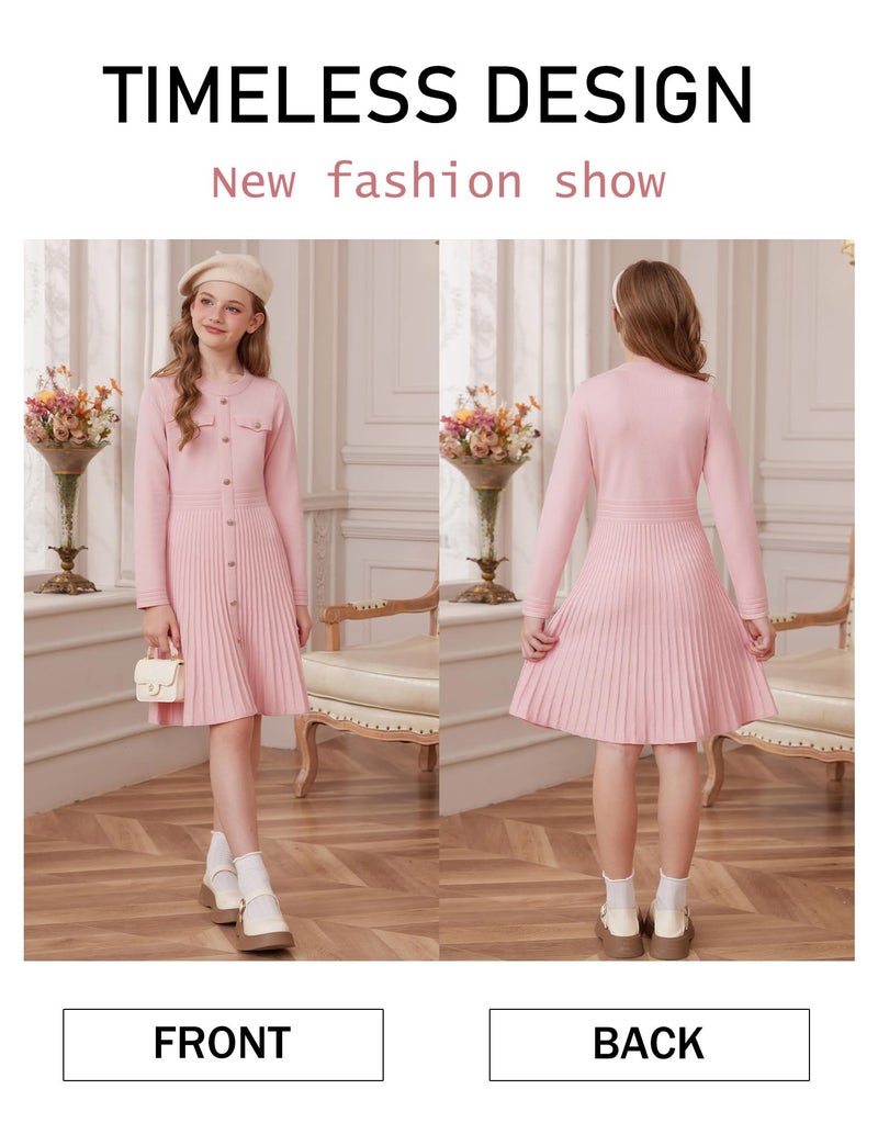 GRACE KARIN Girls Sweater Fall Dress Long Sleeve Knit Pleated A-Line Casual Winter Pink Formal Kids Tween Midi Dresses Size 10-12 - Image 2