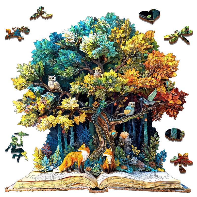 Mocfesk Tree of Life Wooden Puzzles Vibrant TreeBook Jigsaw Puzzles for Adults and Kids Art AnimalsPlants Wooden Puzzles 200 Pieces Family Game Wall Decor 111 x 114 - Image 3