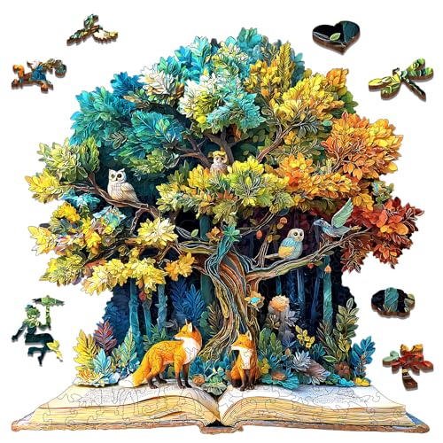 Mocfesk Tree of Life Wooden Puzzles Vibrant TreeBook Jigsaw Puzzles for Adults and Kids Art AnimalsPlants Wooden Puzzles 200 Pieces Family Game Wall Decor 111 x 114 - Image 1