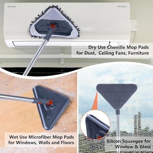 Clefairy Long Handle Wall Mop 75 Inch, Wall Cleaner Ceiling Duster Extension Pole 39" to 75", 360° Rotatable Baseboard Wall Window Duster, Dry Dust /Wet Wash Cleaning Tool with 2 Replacement Pads - Image 3
