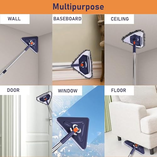 Clefairy Long Handle Wall Mop 75 Inch, Wall Cleaner Ceiling Duster Extension Pole 39" to 75", 360° Rotatable Baseboard Wall Window Duster, Dry Dust /Wet Wash Cleaning Tool with 2 Replacement Pads - Image 4
