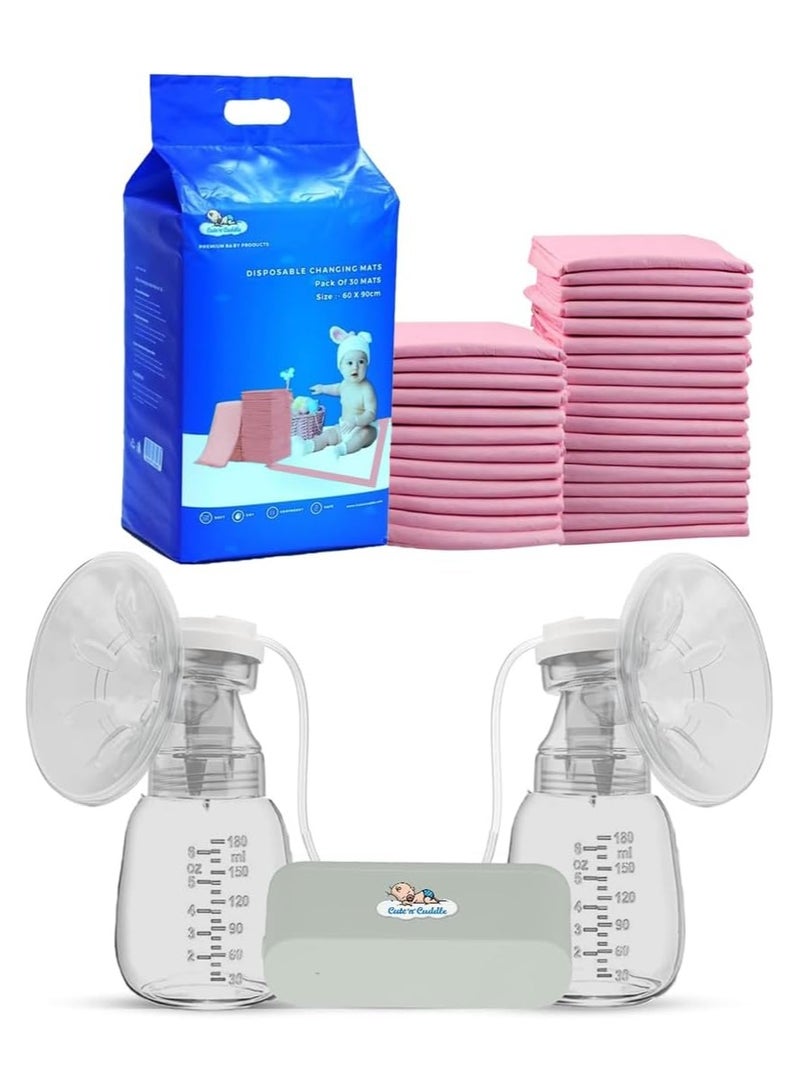 لطف وحضن حصائر تغيير حفاضات للأطفال من Cute 'n' Cuddle – عبوة 240 قطعة (60×90 سم، وردي)، ناعمة، مقاومة للماء وذات امتصاص فائق | مع شفاط حليب كهربائي – بدون استخدام اليدين، قابل للارتداء، لاسلكي وقابل لإعادة الشحن مع 9 مستويات و3 أوضاع. - Image 1