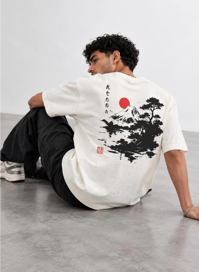 سفنتي فايف Oversized drop shoulder mountain graphic back print T-shirt