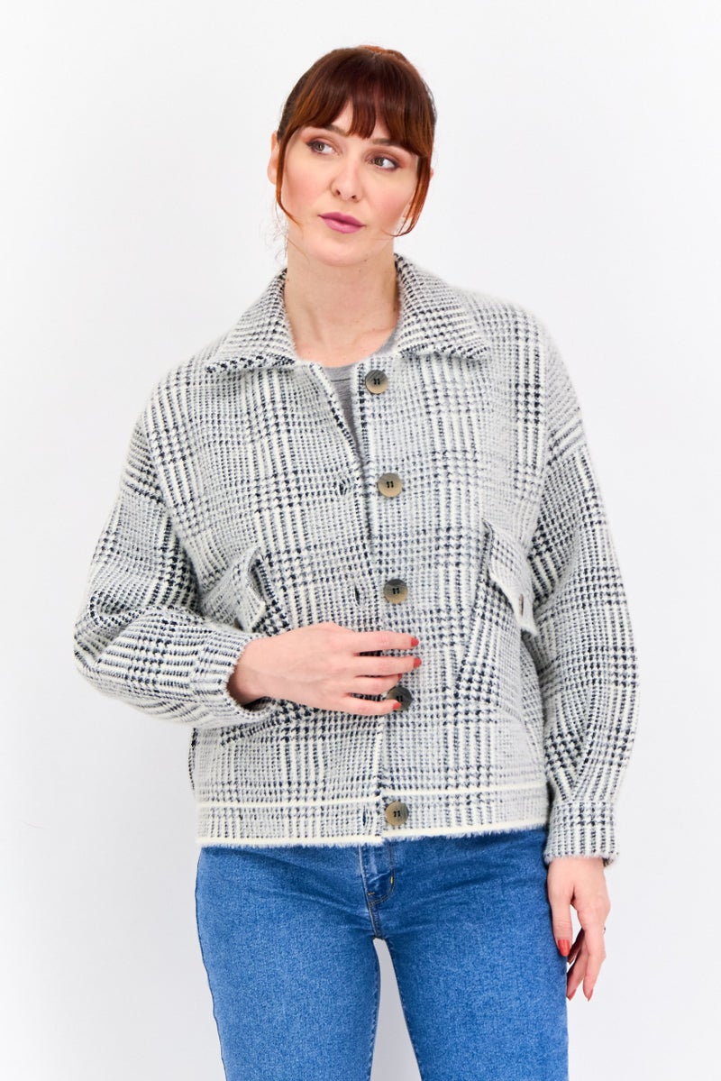 Sage The Label Women Houndstooth Print Shirt Jackets, Ivory - Image 1