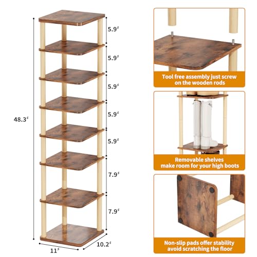 LUCKNOCK Vertical Shoe Rack, 8-Tier Tall Narrow Shoe Organizer for Entryway, Closet, Dorm & Small Spaces, Freestanding Wooden Shoe Shelf Tower for Boots, Sneakers, Heels. (Rustic Brown) - Image 3