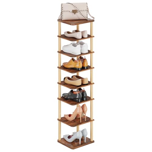 LUCKNOCK Vertical Shoe Rack, 8-Tier Tall Narrow Shoe Organizer for Entryway, Closet, Dorm & Small Spaces, Freestanding Wooden Shoe Shelf Tower for Boots, Sneakers, Heels. (Rustic Brown) - Image 2
