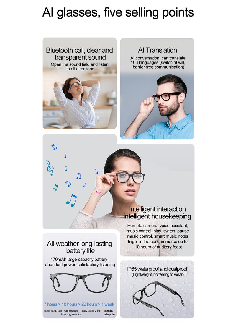AI Smart Glasses Bluetooth Audio Translator – Real-Time Video & Voice Translation, AI Q&A, Sleep Aid, Music Control, Bluetooth Call, IP65 Waterproof, 163 Languages, 22-Hour Battery Life