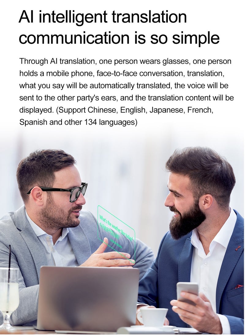 AI Smart Glasses Bluetooth Audio Translator – Real-Time Video & Voice Translation, AI Q&A, Sleep Aid, Music Control, Bluetooth Call, IP65 Waterproof, 163 Languages, 22-Hour Battery Life
