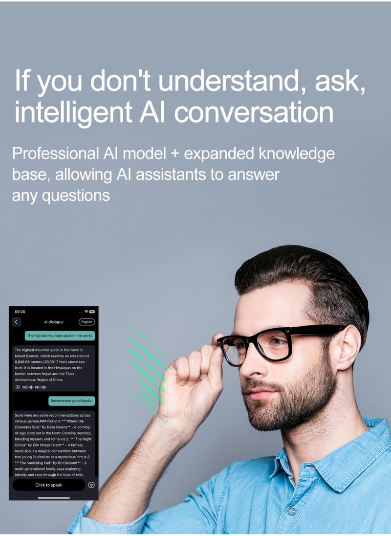 AI Smart Glasses Bluetooth Audio Translator – Real-Time Video & Voice Translation, AI Q&A, Sleep Aid, Music Control, Bluetooth Call, IP65 Waterproof, 163 Languages, 22-Hour Battery Life
