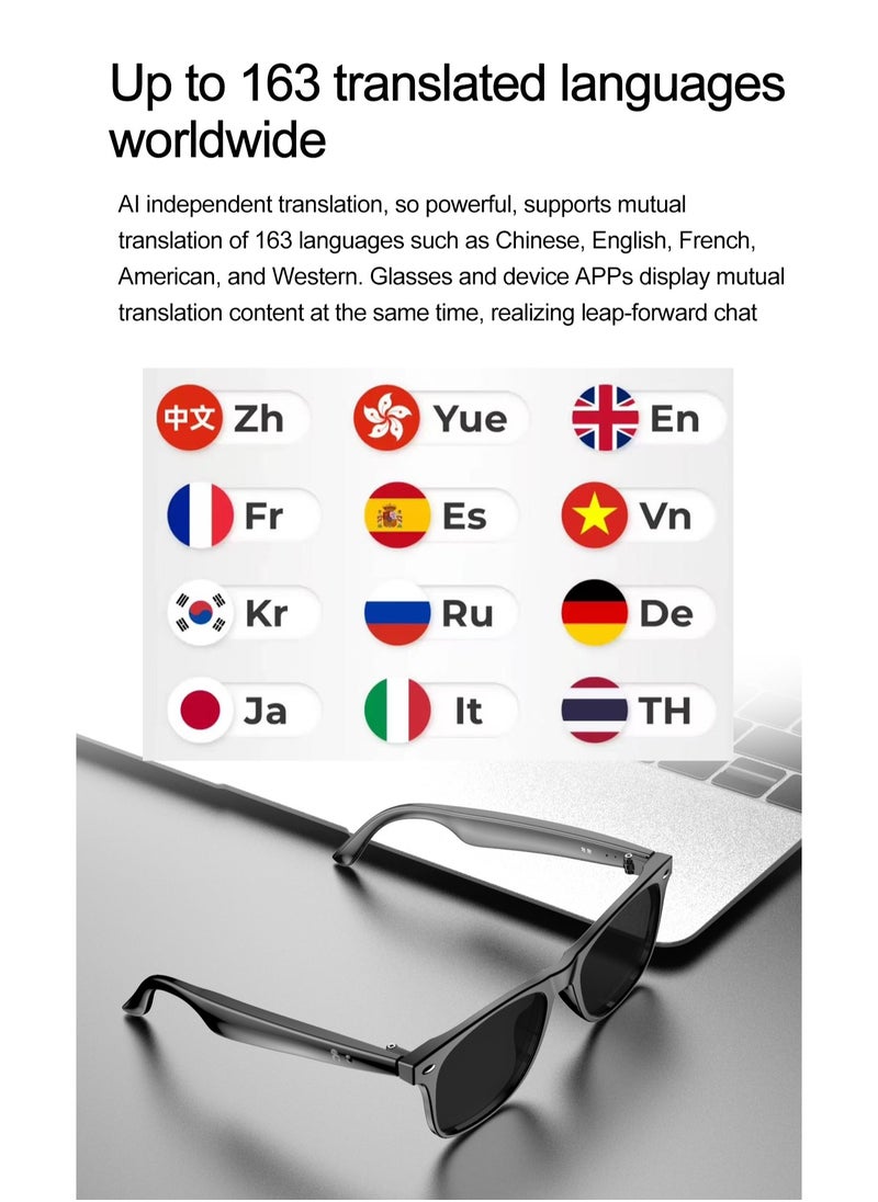 AI Smart Glasses Bluetooth Audio Translator – Real-Time Video & Voice Translation, AI Q&A, Sleep Aid, Music Control, Bluetooth Call, IP65 Waterproof, 163 Languages, 22-Hour Battery Life