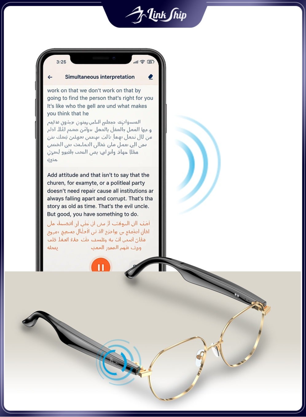 linkship AI Smart Translation Glasses, 163 Languages Support Real-Time Voice/Video Translator, AI Q&A, 22-Hour Battery, Bluetooth Calls & Music, IP65 Waterproof, for Travel & Business Meetings