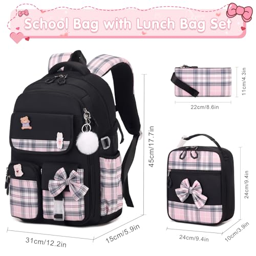 ACESAK Girls Backpack - 3PCS Backpack for Girls Cute School Backpacks for Girls Kindergarten Elementary Preschool Middle Kids School Bags with Lunch Box Pencil Case Set (Black) - Image 2