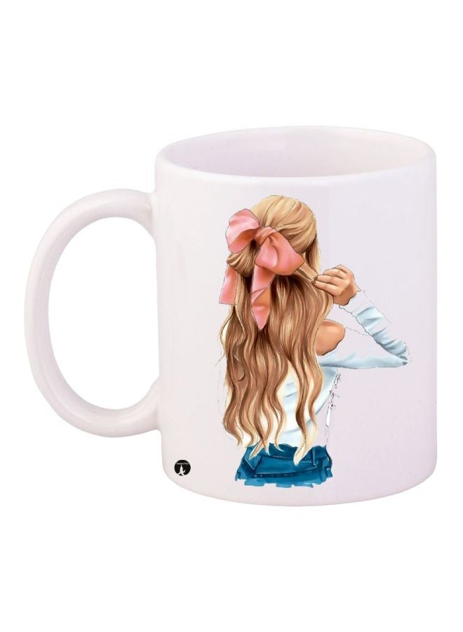 RYN Girl With Bow Tie Printed Coffee Mug White/Beige/Pink 11ounce