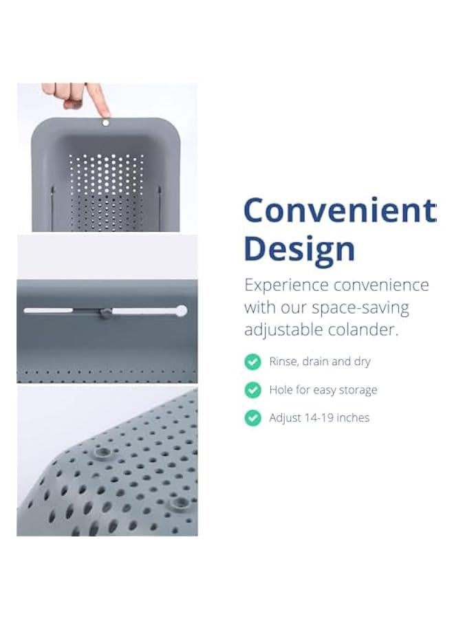 Over the Sink Colander Strainer Basket  Wash Vegetables and Fruits Drain Cooked Pasta and Dry Dishes  Extendable  New Home Kitchen Essentials 7.9W x 1419L x 2.75H)  Gray - Image 4