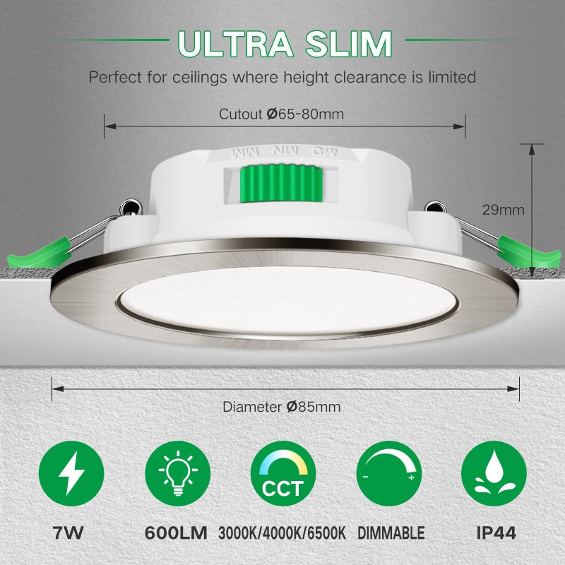 ALUSSO LED Recessed Spotlight Ultra Flat Dimmable 230 V 7 W Ceiling Spotlight 3000 K 4000 K 6500 K Waterproof IP44 Adjustable Recessed Ceiling Light for Bathroom, Living Room, Pack of 12, Round, - Image 2