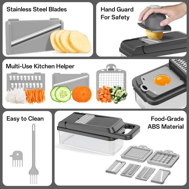 HomeHacks مفرمة الخضار HomeHacks، قاطع الخضار، 12 في 1 أداة مطبخ، مكعب، شريحة، قاطع بصل، سلطة، مبشرة جبن وفاصل بيض - غطاء مفرمة خضار متعددة الوظائف مع مقبض (رمادي) - Image 5