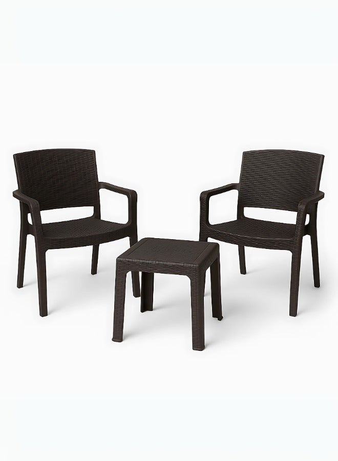 Marcolo 3-Piece Outdoor Patio Set – 2 All-Weather Rattan Armchairs & Coffee Table – UV-Resistant, Durable, Timeless Plastic Furniture for Balcony, Garden, or Terrace (Brown) - Image 1