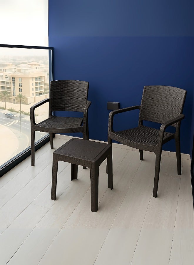 Marcolo 3-Piece Outdoor Patio Set – 2 All-Weather Rattan Armchairs & Coffee Table – UV-Resistant, Durable, Timeless Plastic Furniture for Balcony, Garden, or Terrace (Brown) - Image 2