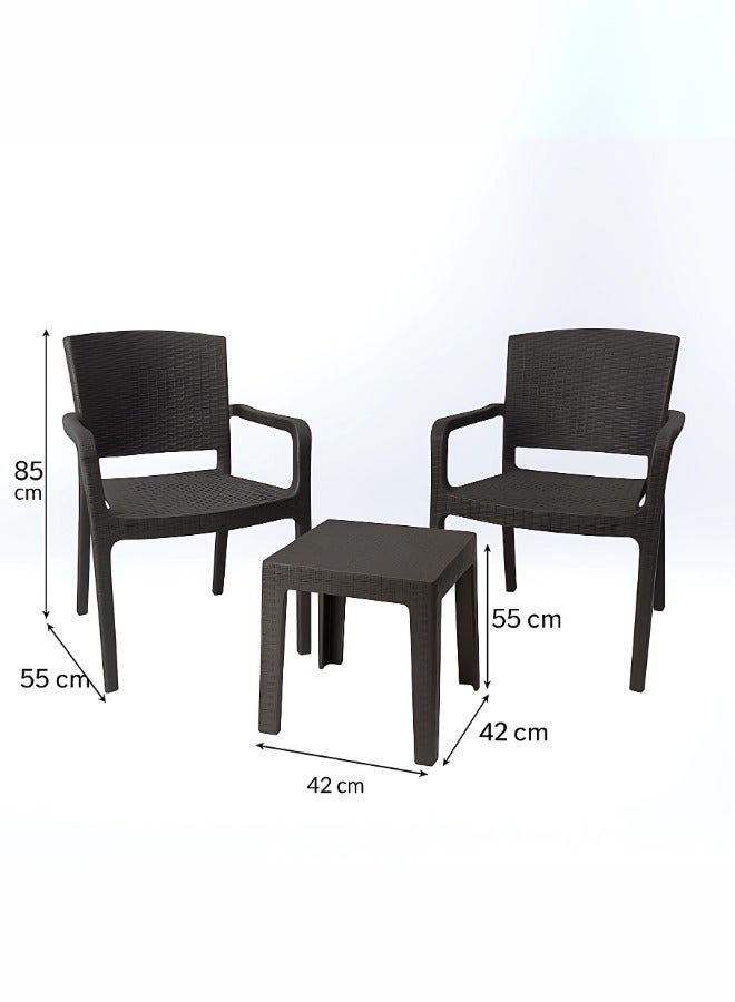 Marcolo 3-Piece Outdoor Patio Set – 2 All-Weather Rattan Armchairs & Coffee Table – UV-Resistant, Durable, Timeless Plastic Furniture for Balcony, Garden, or Terrace (Brown) - Image 3