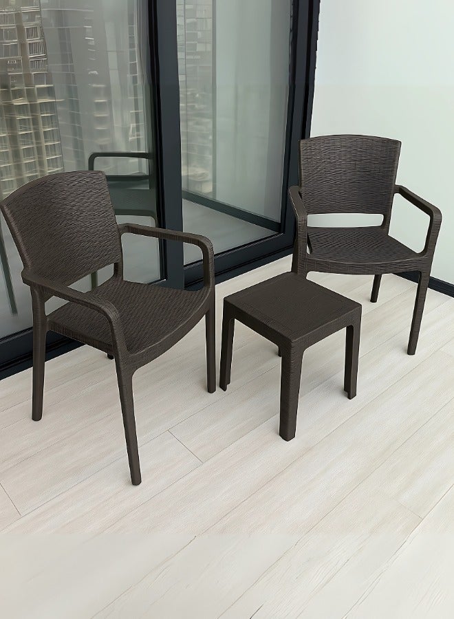 Marcolo 3-Piece Outdoor Patio Set – 2 All-Weather Rattan Armchairs & Coffee Table – UV-Resistant, Durable, Timeless Plastic Furniture for Balcony, Garden, or Terrace (Brown) - Image 4