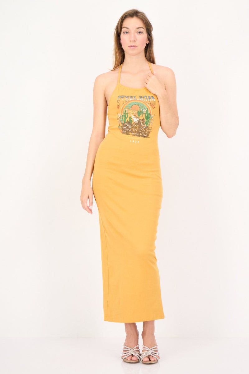 FOREVER 21 فستان ماكسي بطباعة جرافيك للنساء، خردل - Image 1