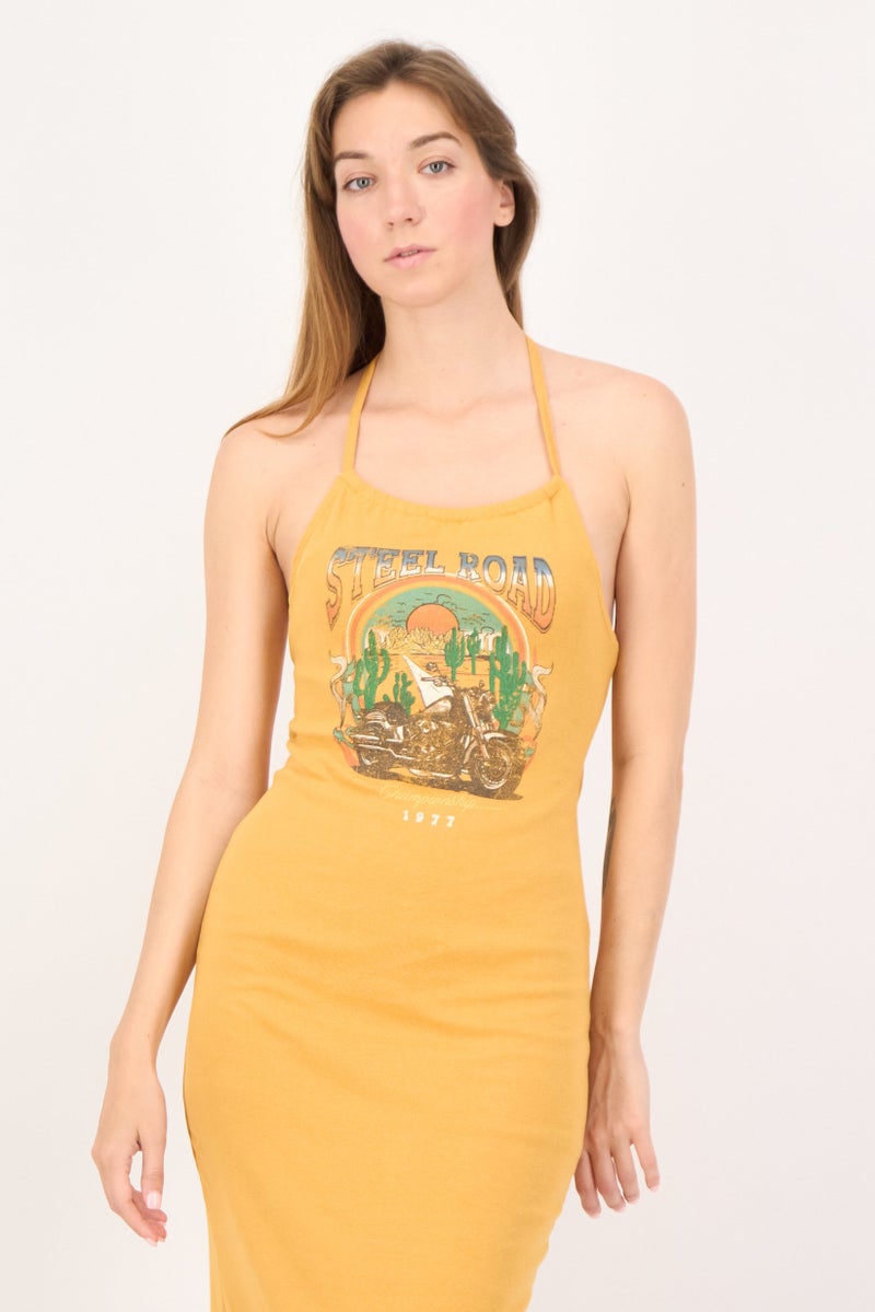 FOREVER 21 فستان ماكسي بطباعة جرافيك للنساء، خردل - Image 2