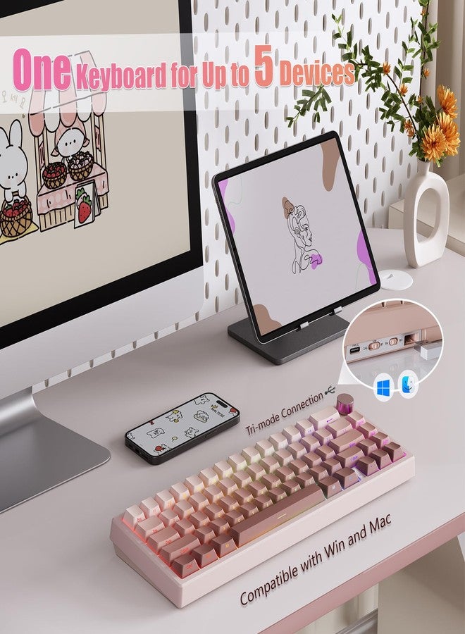 RisoPhy 60% Wireless Mechanical Gaming Keyboard, 2.4G/USB-C/Bluetooth Keyboard with LED Backlight, 66 Keys Mini Keyboard, Gasket Mount Cute Creamy Keyboard with Red Switches/Metal Knob/Software-Pink - Image 3